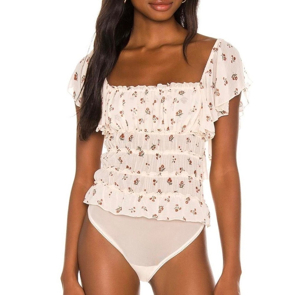 Free People Juliet bodysuit ruffle square neck floral print tiered smock top